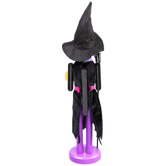 Green Wooden Witch Holding Broom & Jack-O-Lantern Halloween Nutcracker